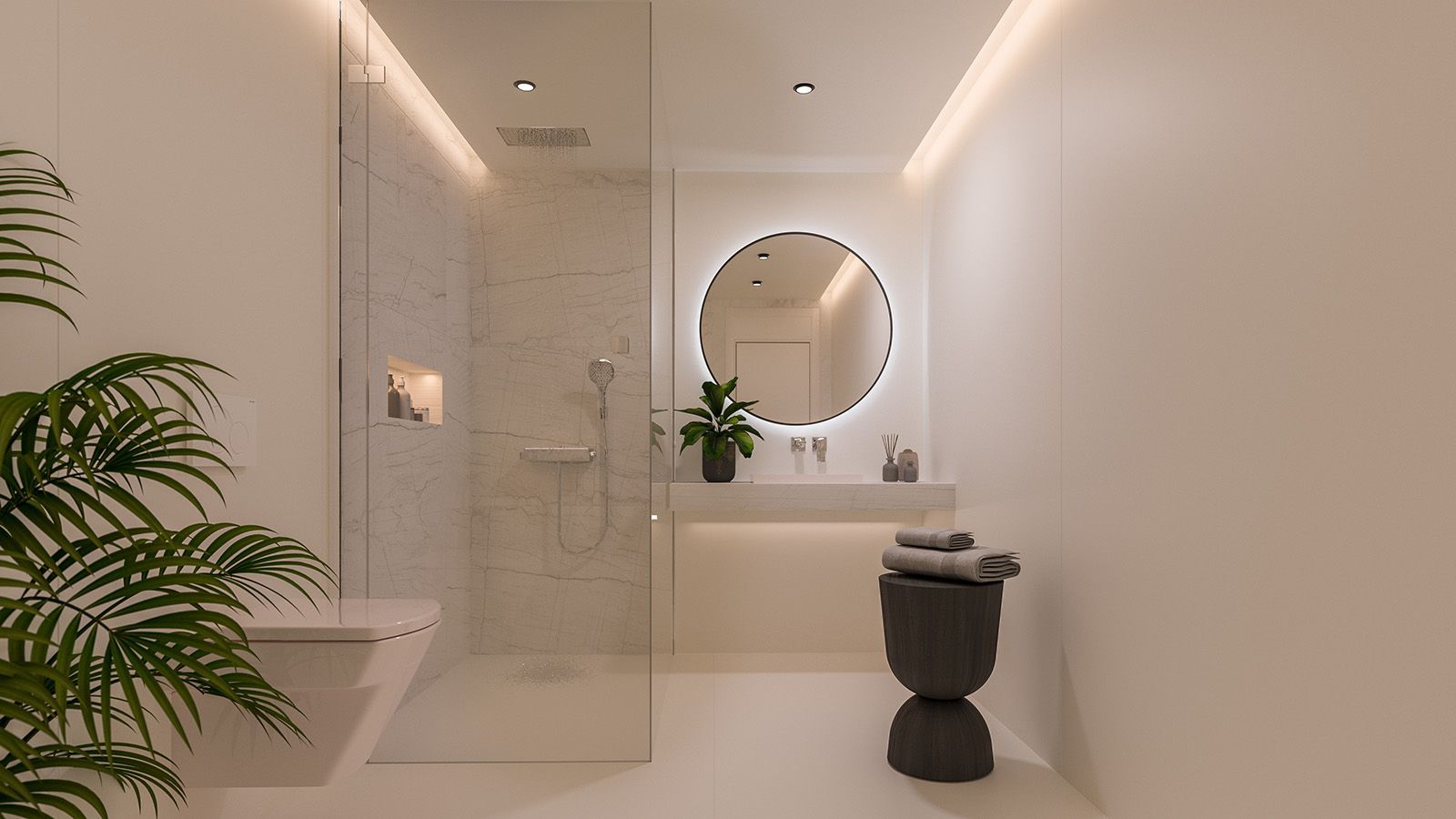 Moderne, minimalistische badkamer met inloopdouche en ronde spiegel.