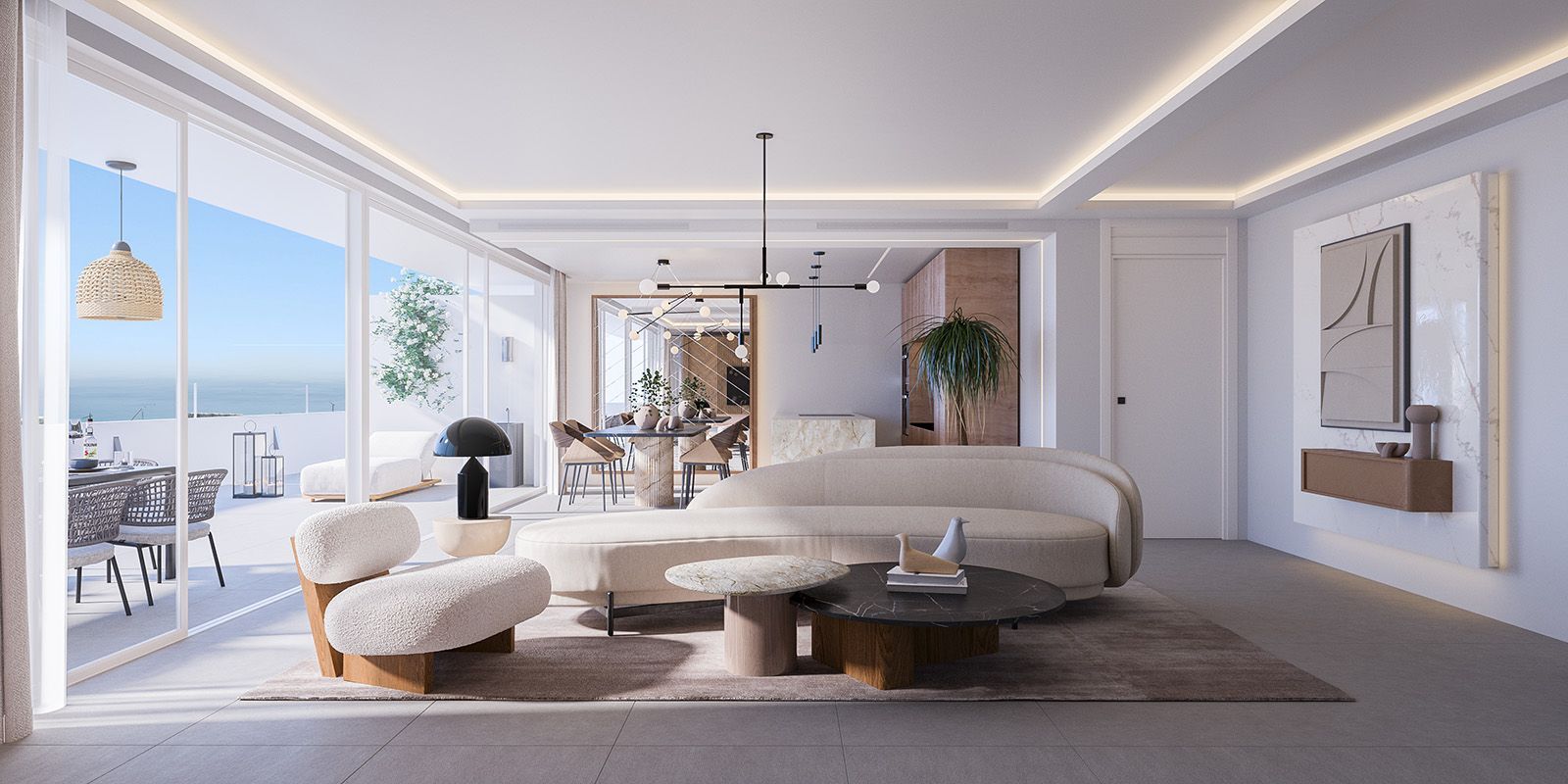 Luxe woonkamer met uitzicht op zee in Aura Higueron.