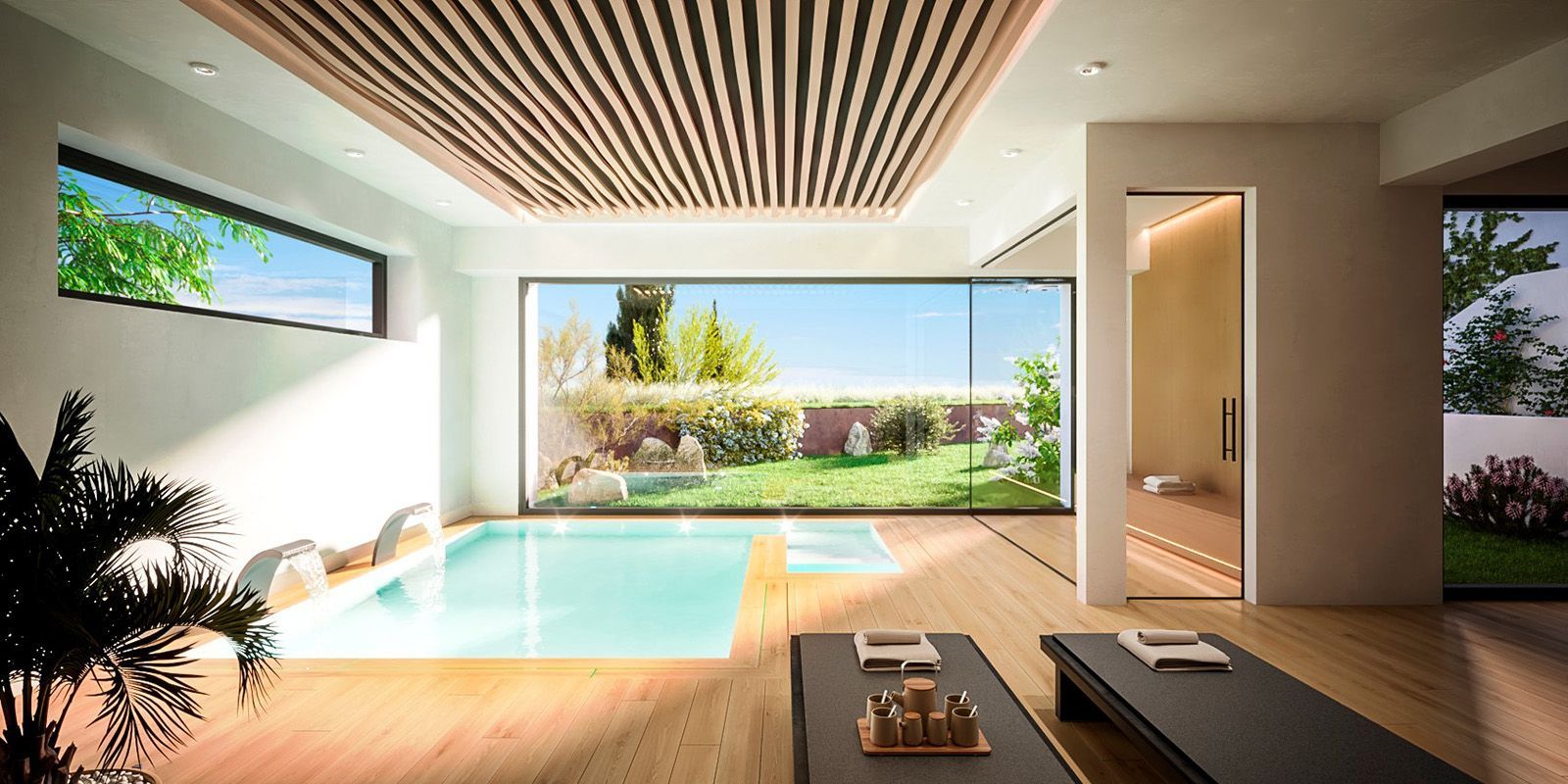 Luxe indoor spa met zwembad en sauna bij Aura Higueron.